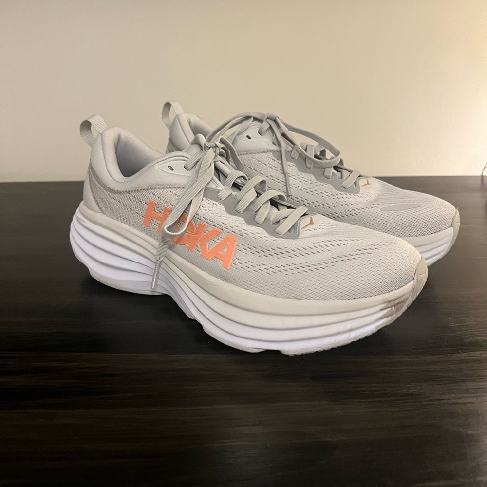 Hoka One One Women's Light Gray and Peach Athletic Shoes